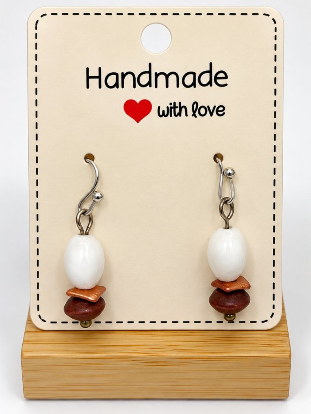 Handmade Beaded Dangle Earrings White Brown Copper Boho Drop Earrings